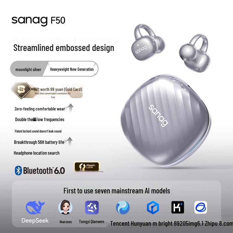 SANAG Sena F50S AI Ear-Clip Bluetooth Bone Conduction Headphones: Noise Reduction, Comfortable, Perfect for Running.
