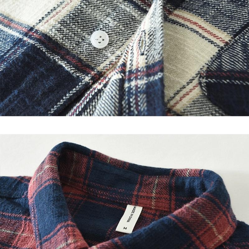 Japanese Style Classical Long Sleeve Plaid Shirt Men Spring/Autumn 100 Cotton Casual Tops Turn Down Collar Pocket Button Shirt Comfort Men Clothing