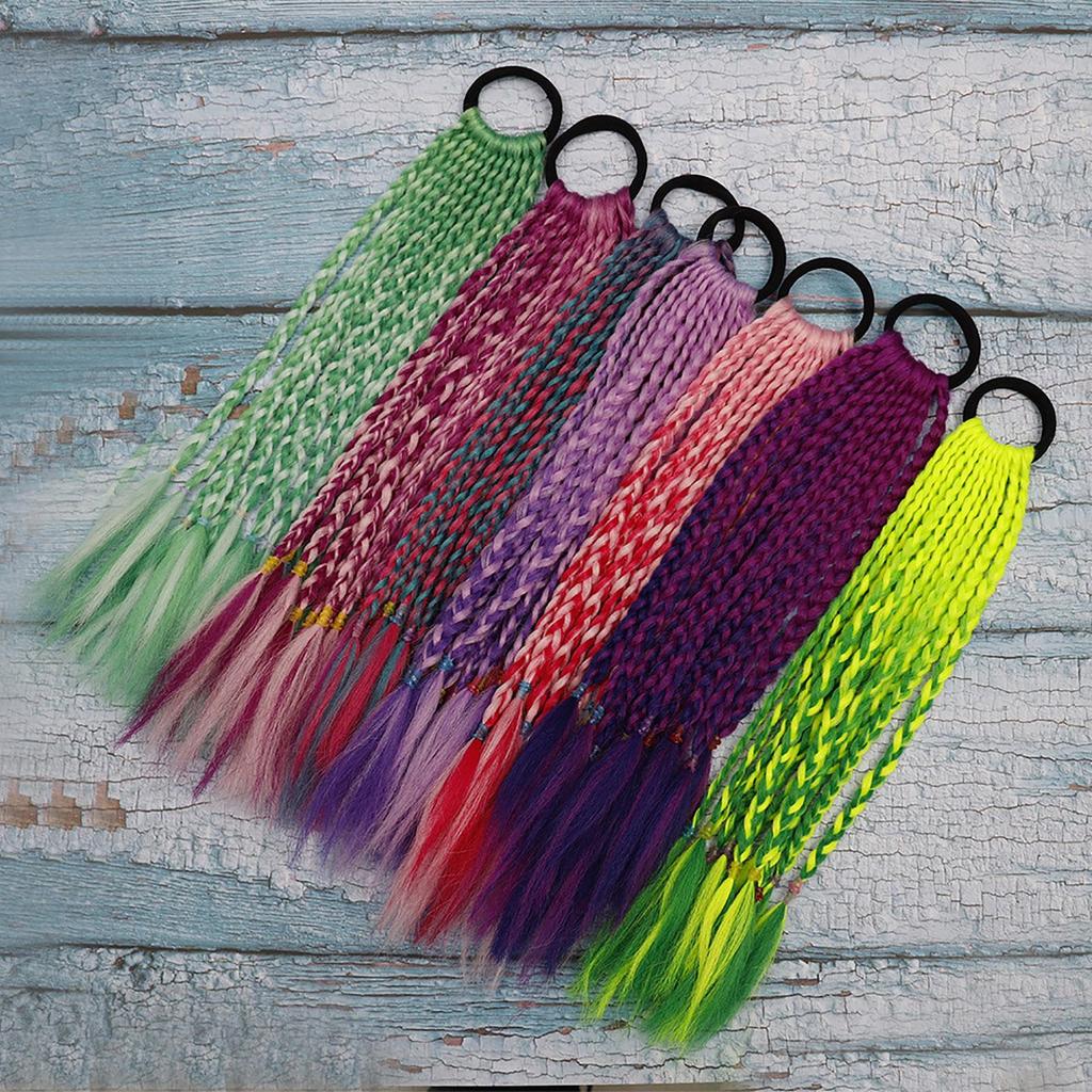 Rubber Band Ponytail Short Colored Braided Hair Extension Rainbow Colorful Synthetic Ponytails for Girls Daily Party Use