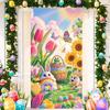 Happy Easter Cute Bunny Door Cover Backdrop Spring Garden Floral Easter Egg Background Easter Party Decoration Photo Shoot Props