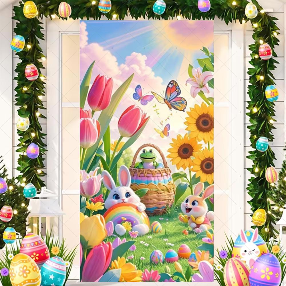 Happy Easter Cute Bunny Door Cover Backdrop Spring Garden Floral Easter Egg Background Easter Party Decoration Photo Shoot Props