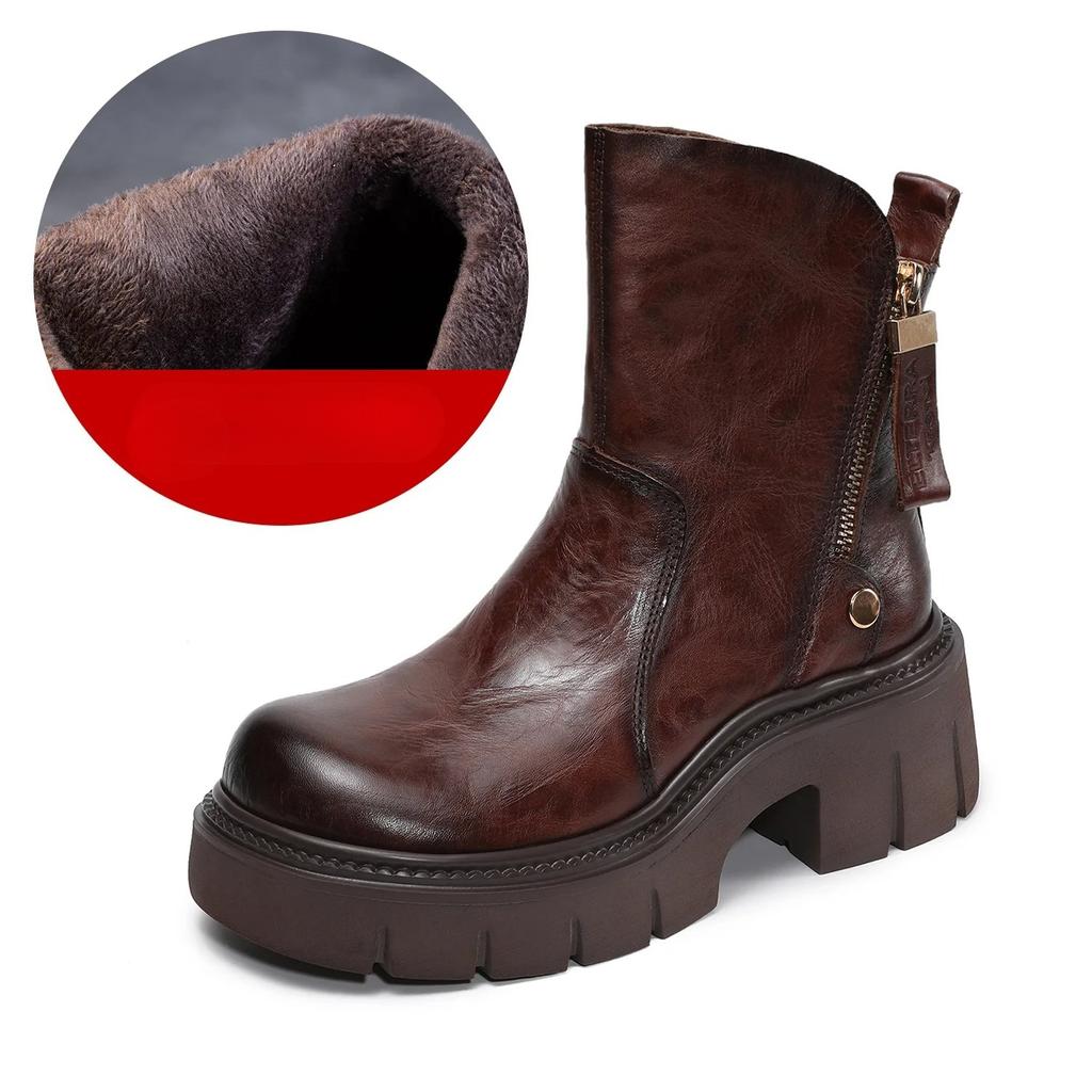 Johnature Retro Thick Soled Side Zipper Women's Short Boots Genuine Leather Knight Boots