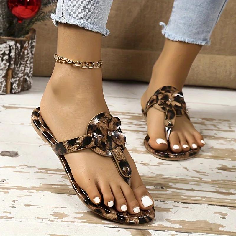 Fashion Flip Flops Summer New Casual Large Size Leopard Print Women's Flat Beach Flip Flops Sandals