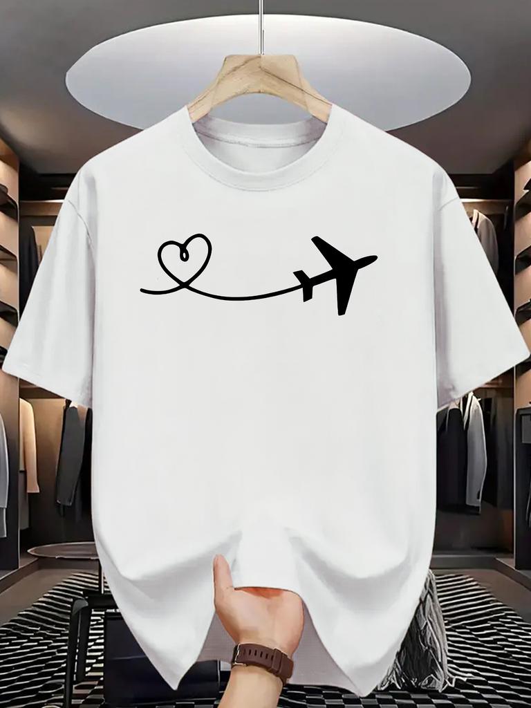 Travel Graphic T Shirt For Unisex Airplane Heart Flight Route Line Crew Neck Tee Aviation Love Print Casual Male Daily Outfit Tops