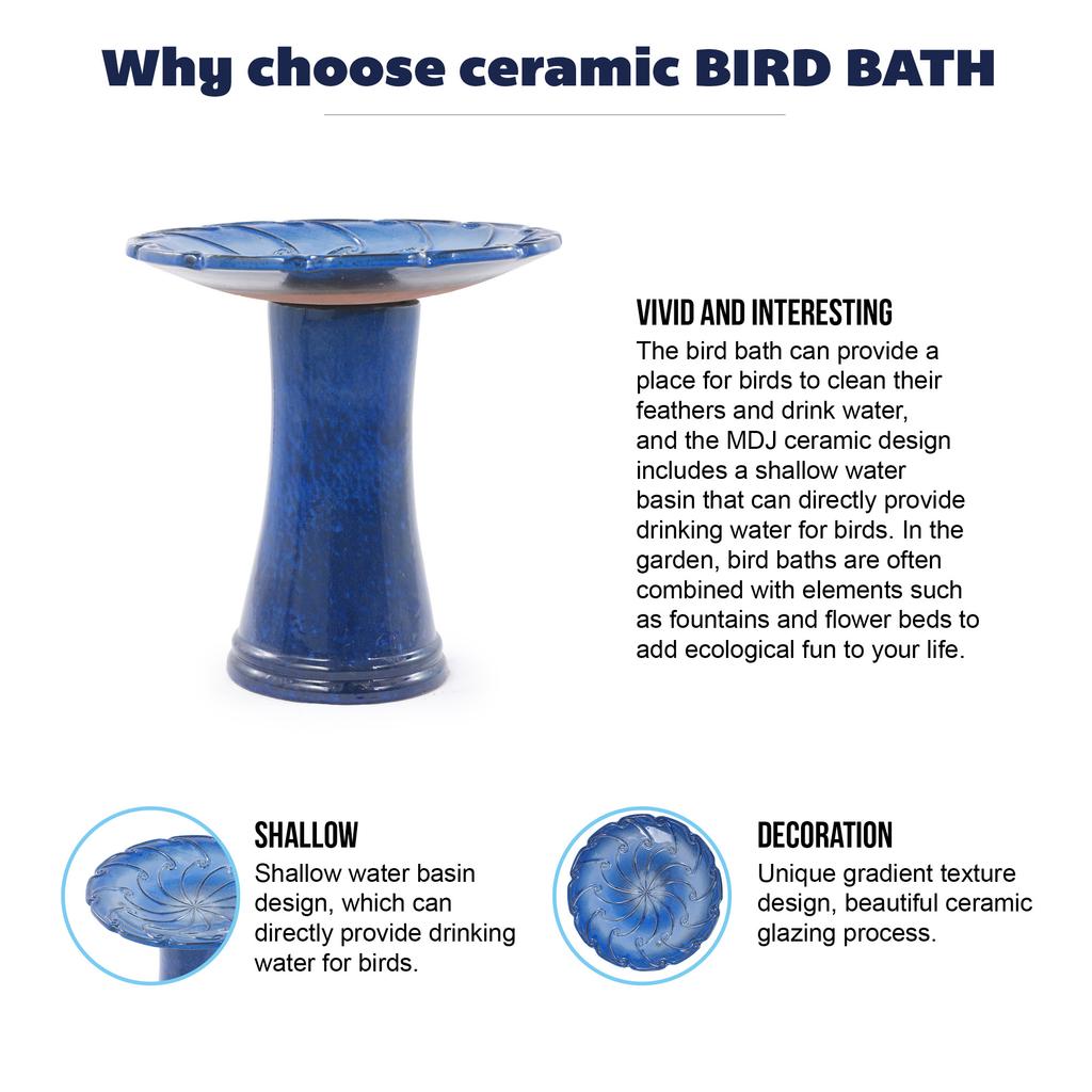 Handmade Ceramic Bird Bath (diameter 43 Cm, Height 45 Cm), Glossy Royal Blue with Swirl Relief, Weatherproof & Frost-Resistant, for Garden
