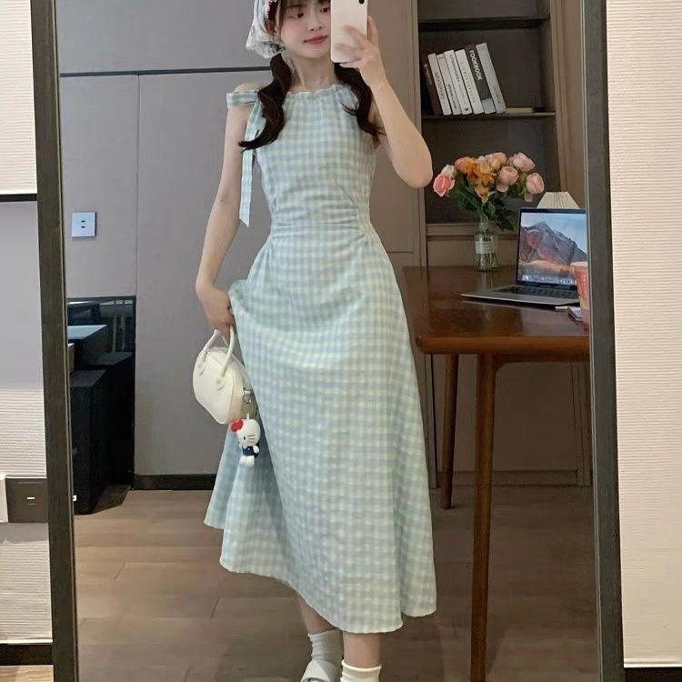 French Green Plaid Sleeveless Suspender Dress Children's Summer New Seaside Vacation Style Waist Dress