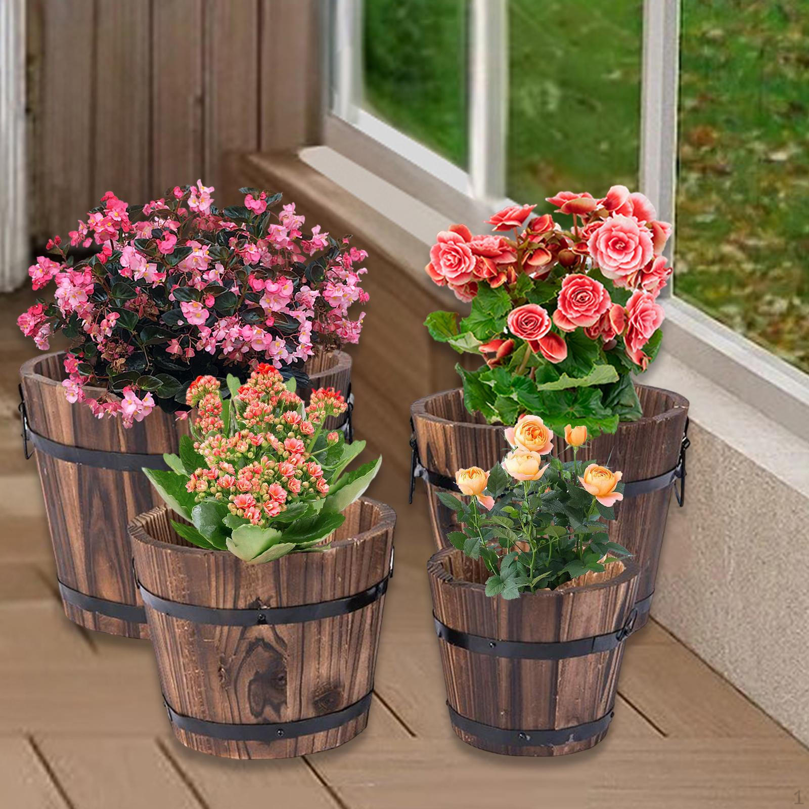 

Rustic Wooden Bucket Planters, Flower Pot Holder for Outdoor Spaces