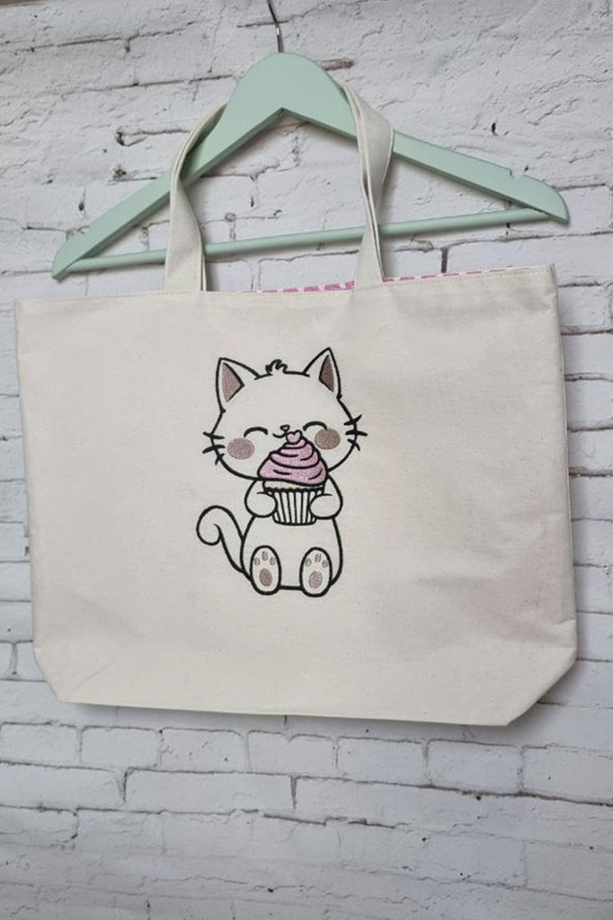 Shopper Bag with Embroidery Cat with Cupcake LB788 NeedleWoman Beige (39681008)
