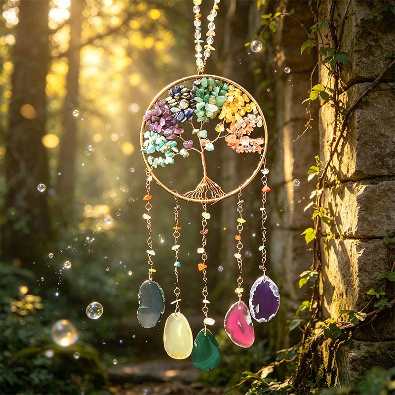 Natürlicher 7-Chakra Lebensbaum Edelstein Heilung Rohe Kristallsteine Wand Fenster Auto Hängendes Ornament für Yoga