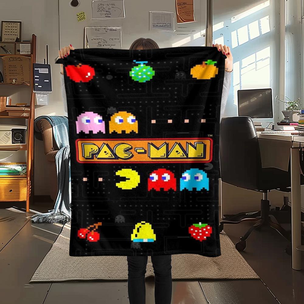 1PC Pac Man Print Flannel Blanket, High Quality Comfortable for All Seasons, Home Decor, Warmth and Comfort, Perfect for Christmas Gifts