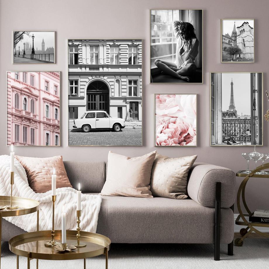 Nordic Vintage Plakát Balkon Pařížská věž Pivoňka Květ Žena Nástěnný Umělecký obraz Nástěnné malby na plátně Obrazy pro výzdobu obývacího pokoje