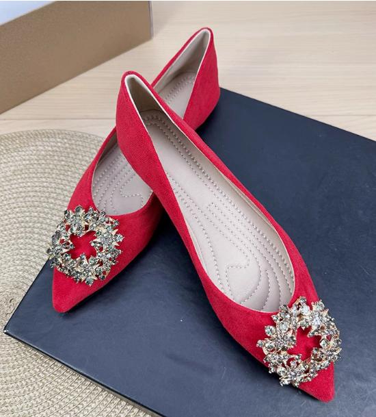 Women Luxury Pearl Crystal Buckle Flock Flats Pointed Toe Dough Shoes Spongy Insole For Tender Feet Comfortable Walking Slip-On