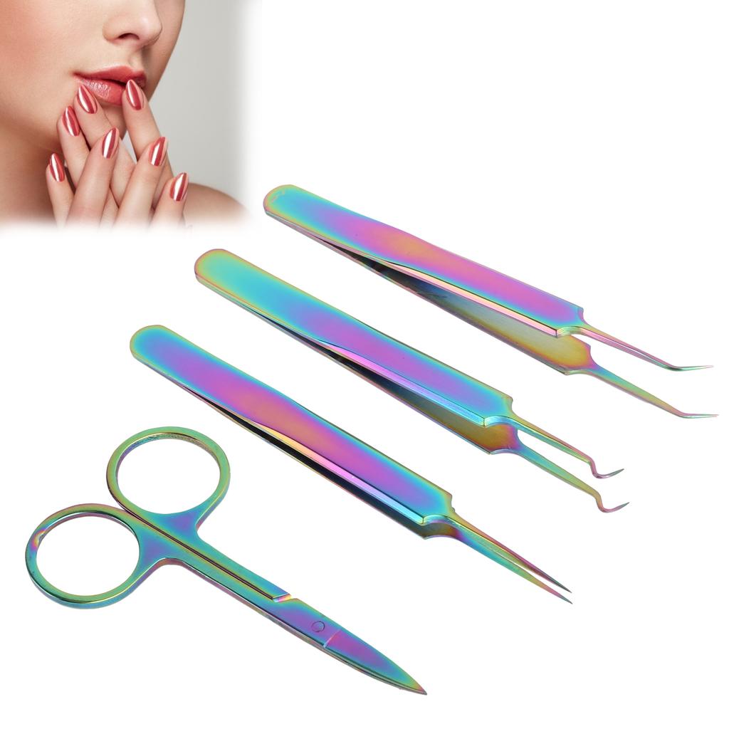 4pcs Nail Art Tweezers Stainless Steel Straight Curved Tweezers Nail Scissors Tools Set
