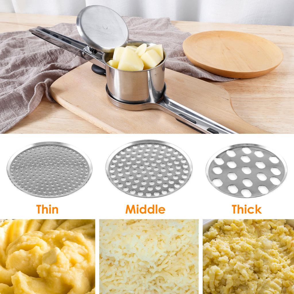 Neu Kartoffel Reis Edelstahl Kartoffelstampfer mit 3 Abnehmbaren Scheiben Manuelle Lebensmittel Presse mit Ergonomische Anti-Rutsch Griff