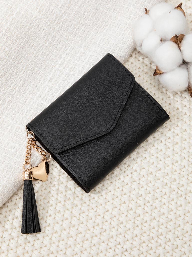 Modische, ultradünne, dreifach gefaltete Handgeldbörse, minimalistischer Kreditkartenhalter, einfarbiger Quastenanhänger, kurze Damenbrieftasche