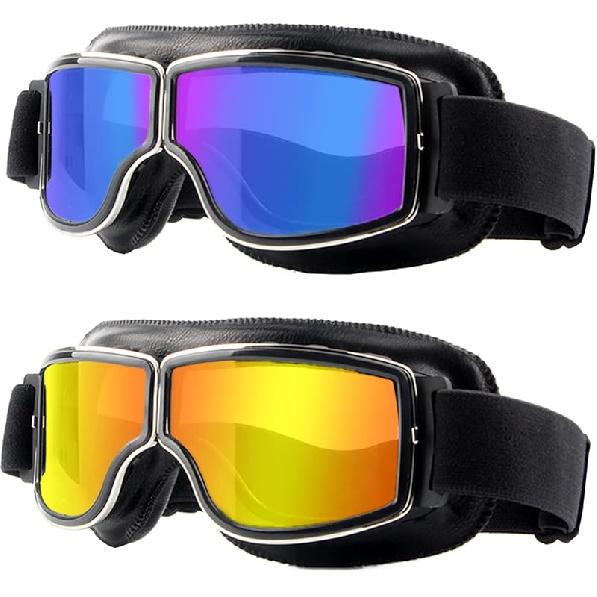 Motorcycle Goggles,2 Pack Vintage Anti Fog Pilot PU Leather Glasses Dustproof ATV Off Road Motorbike Helmet Eyewear Protect For Ridding Motorcross