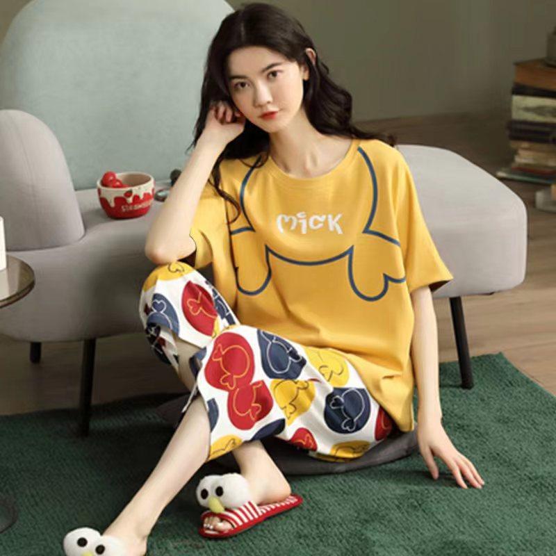 Pajamas Women's Summer, New Spring and Summer Short-sleeved Cute Loose Cropped Pants Loungewear Two-piece Set Summer