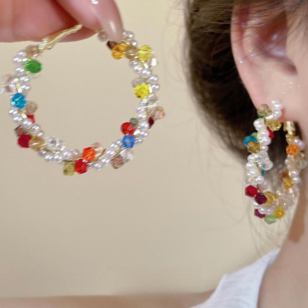 Silver Needle Pearl Crystal Beaded Winding Earrings Exquisite Atmosphere High Sense Earrings Fashion Light Luxury Versatile Earrings Women