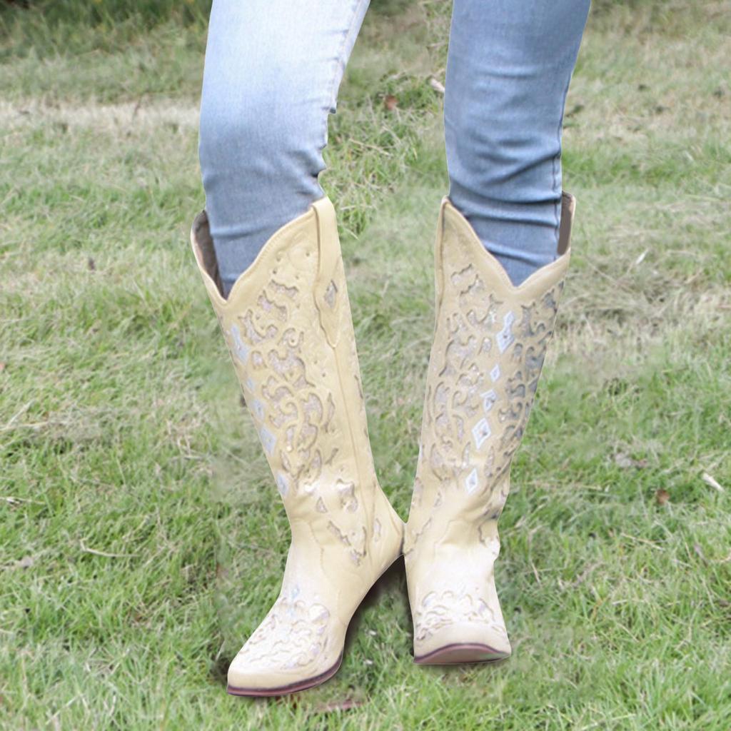 For Women Low Western Rhinestone Heel Boots High Rodeo Knee Studded Extra Wide Calf Boots for Women plus Size Leather