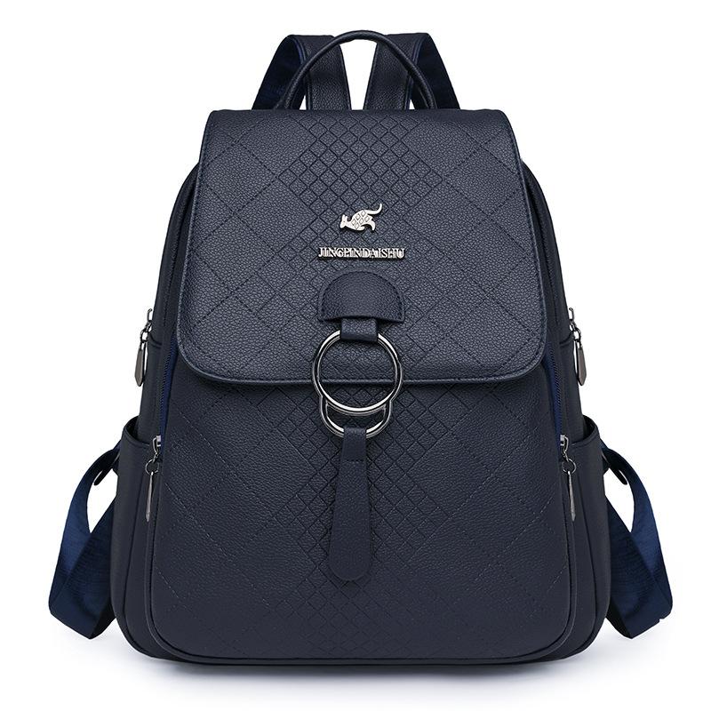 Large capacity diamond lattice casual backpack simple bag niche design PU soft leather commuter women s bag One size темно-синий