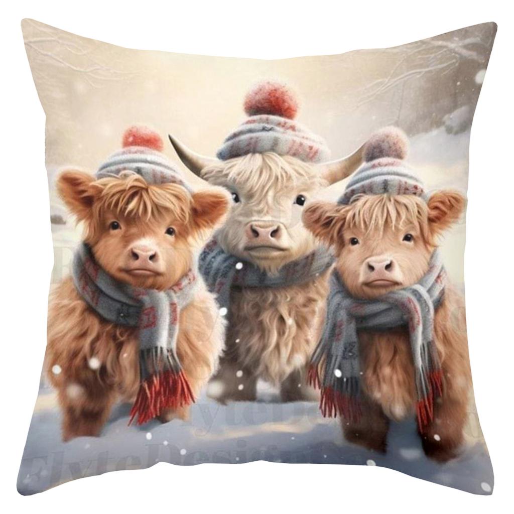 Cute Highland Cows and Goats Winter Pattern Cushion Covers Polyester pillowcase, sofa decorative cushion cov Headboard Pillow