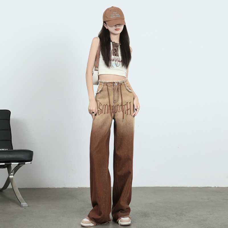 American Retro Raw Hem Straight-Leg Brown Floor-Length Jeans - Women s Slimming Wide-Leg Pants M