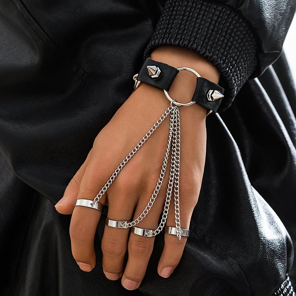 Mens Fashion Rivet Cuban Link Bracelet Connector Leather Punk Hippie Hip Hop Edgy Trendy Jewelry