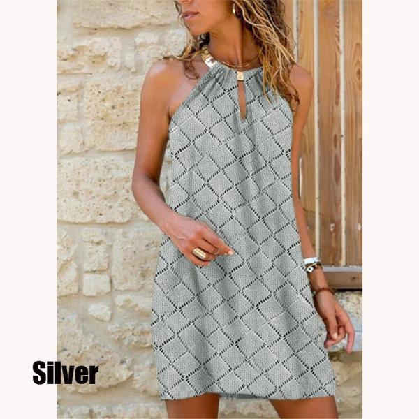 Women's Fashion Summer Sleeveless Print MINI Dress Casual Neck Halter Dress