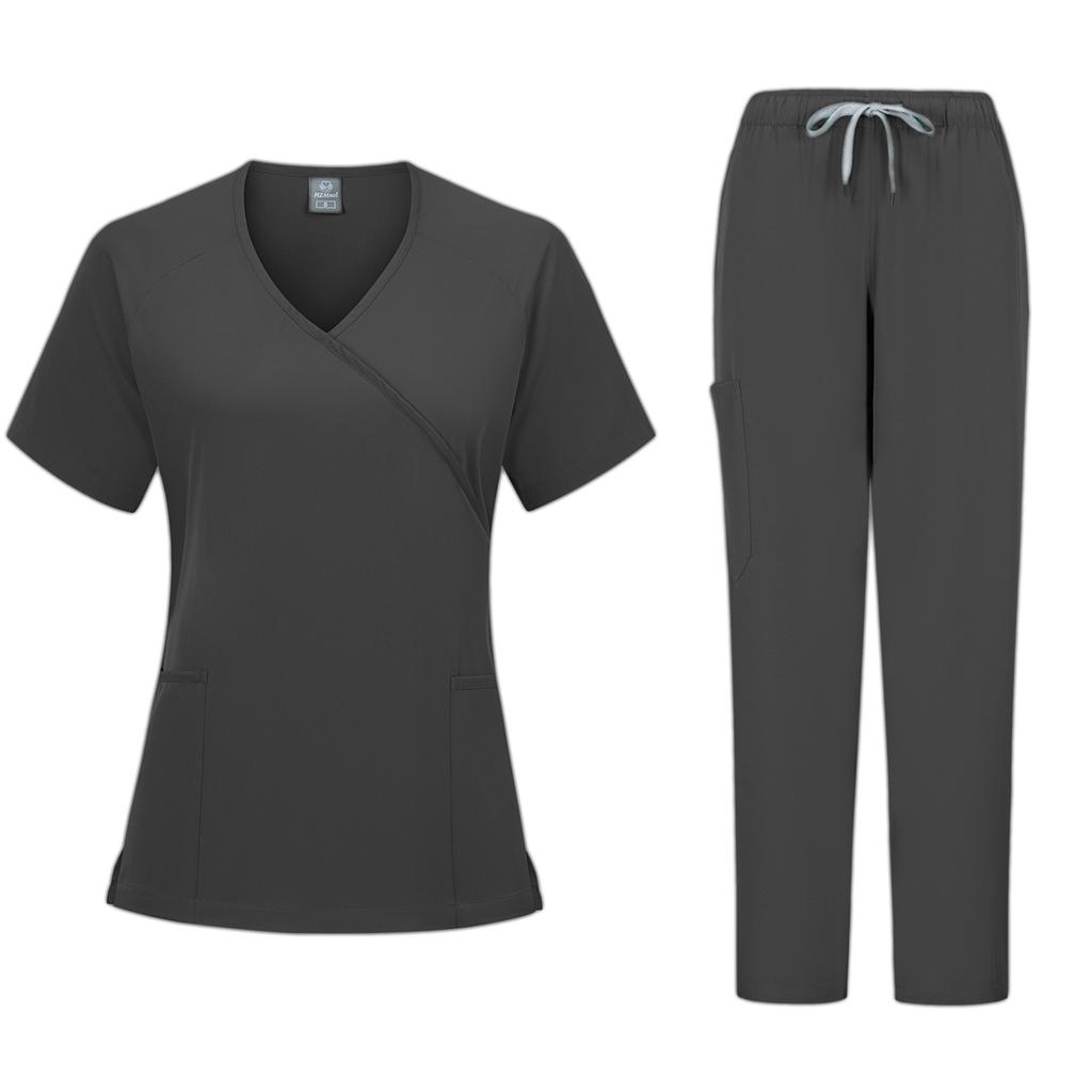 Ladies' Loose And Comfortable V-neck Short Sleeved Stand Up Collar Workwear With Multiple Pockets Suit Set