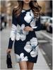 2025 Autumn and Winter New 3D Flower Print and Dyeing Women's Fashion Long-sleeved Round Neck Hip-wrapped Dress Valentine's Day Limited
