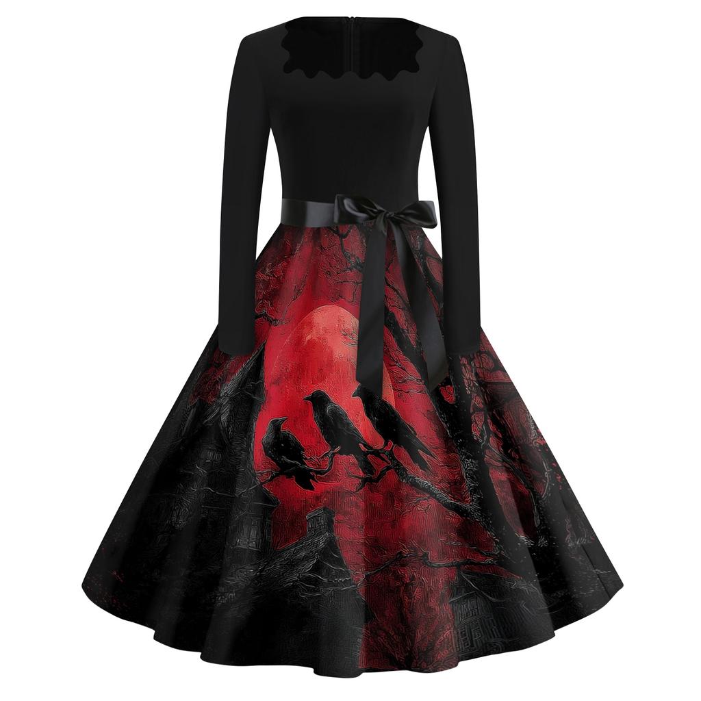Women's Casual Vintage Halloween Dress Long Sleeve Square Neck A-Line Midi Dress with Printed Skirt and Waist Tie for Seasonal Wear