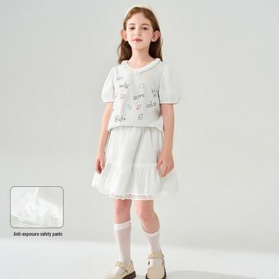 Girls' 2026 Summer Embroidered Cotton T-Shirt & Skirt Set