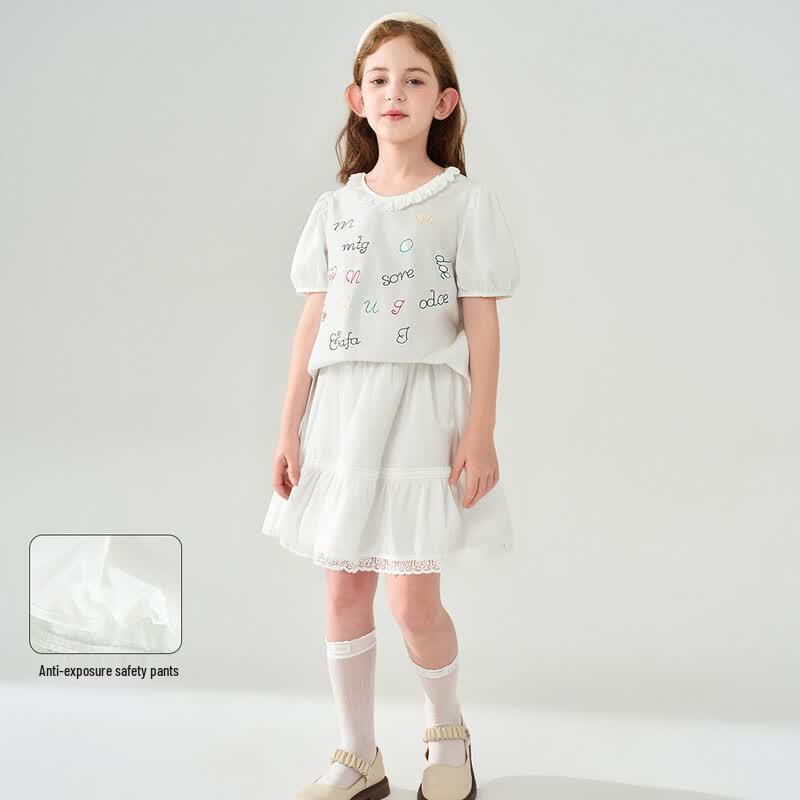 Girls  2026 Summer Embroidered Cotton T-Shirt & Skirt Set 160