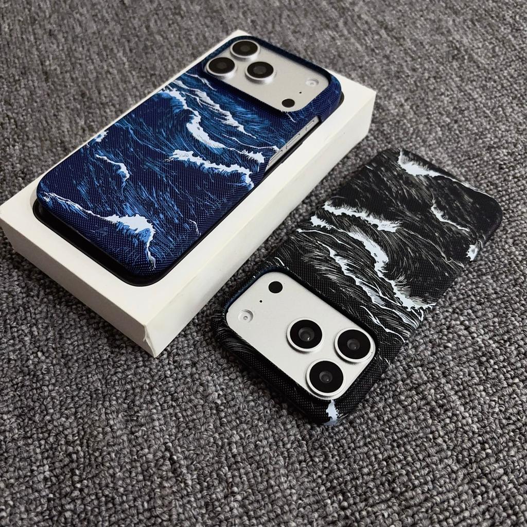 Luxus Kevlar Carbonfaser Meereswellenmuster Rahmenloses Case Für IPhone Air 17 Pro Max 16 15 14 13 Für Magsafe Lade Schutzhülle