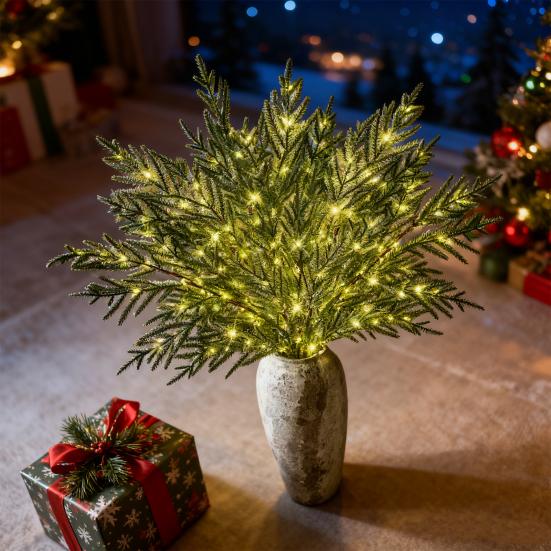 10 Peças Galhos de Pinheiro Norfolk de Natal Iluminados Galhos de Pinheiro Artificial Pré-Iluminados para Coroas DIY Enchimentos de Vaso Decoração Interna Externa