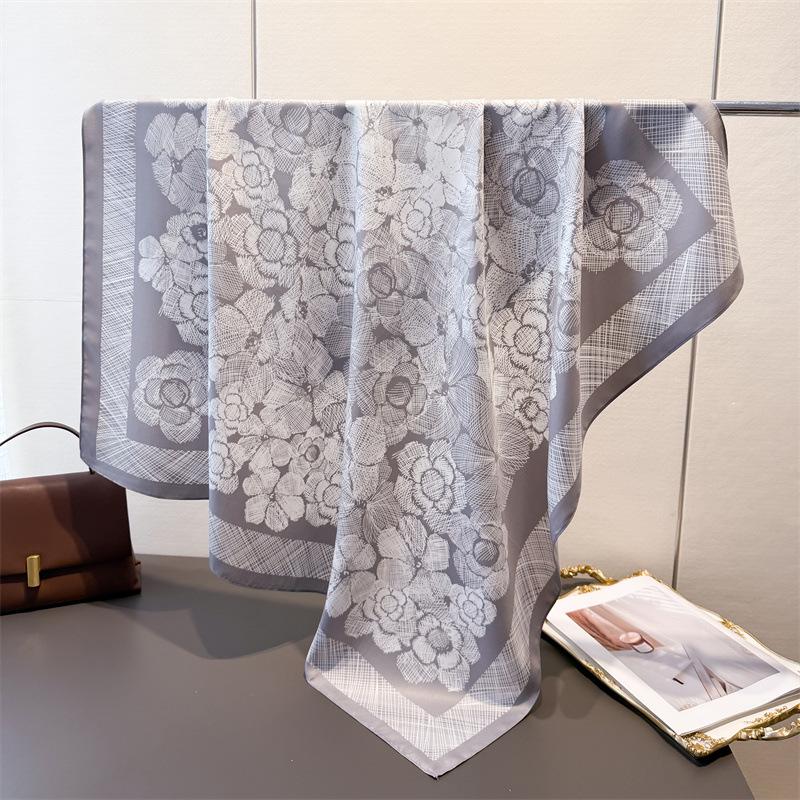 90Cm Luxury Design Floral Printed Women'S Silk Twill Stain Bandana Shawl Large Square Collar Fashion Female Handkerchief Foulard