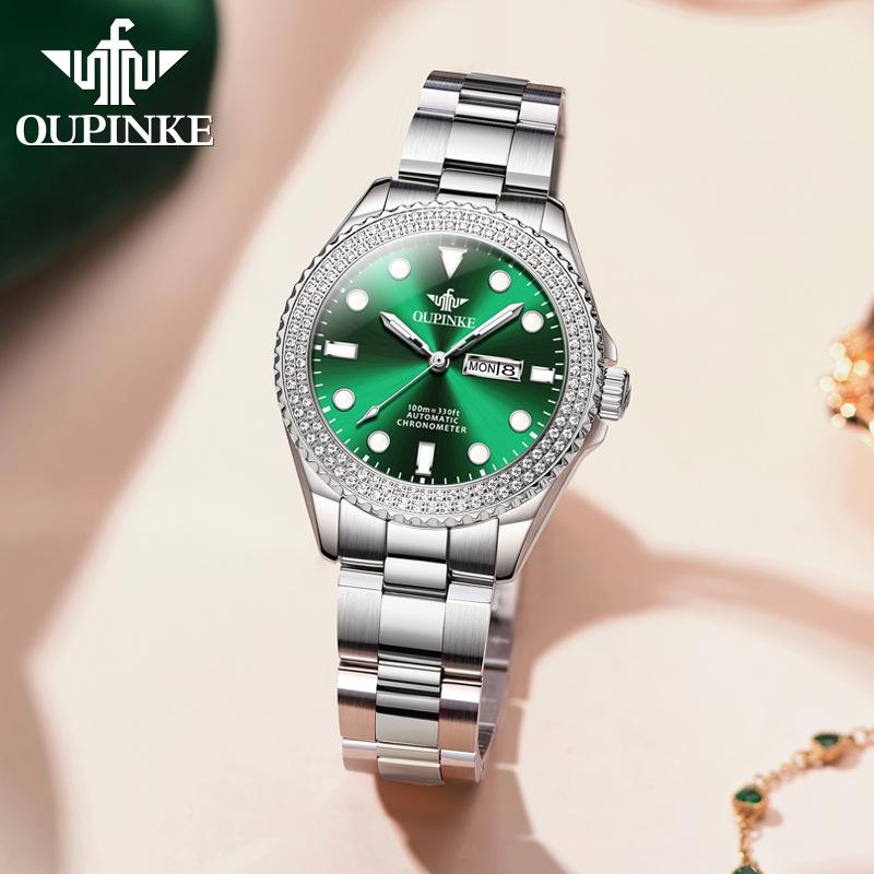 OUPINKE Brand Small Green Watch Light Luxury Diamond Set Fashion Trend Luminous Machine Watch Women Watch Women