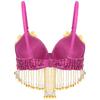 Womens Sparkly Sequins Belly Dance Top Adjustable Straps Plastic Beaded Tassels Underwired Bra