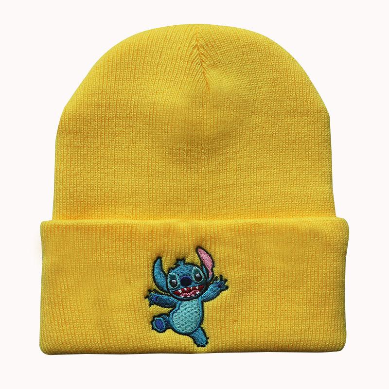 Unisex Student Cartoon Stitch Embroidered Knit Hat Outdoor Pullover Warm Hat Hip-Hop Beanie
