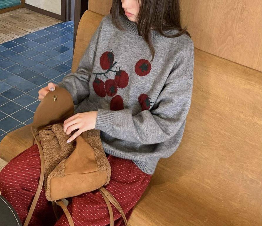 Gentle Tomato 2025 Jacquard Knit Sweater: Casual Loose Korean Style, Round Neck, Soft & Fluffy Autumn/Winter Top