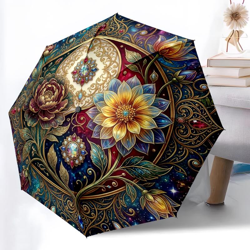 

1pc Sturdy 8-Bone Auto Umbrella, Ancient Golden Sunflower Umbrella, Digital Printed, Foldable Umbrella for On-the-Go Outdoor Use