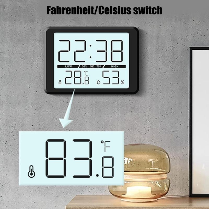 Magnetische Hänge-Digitaluhr mit Innenraumtemperatur- und Luftfeuchtigkeitsanzeige Großer LCD-Bildschirm für Schreibtisch, Wand, Kühlschrank