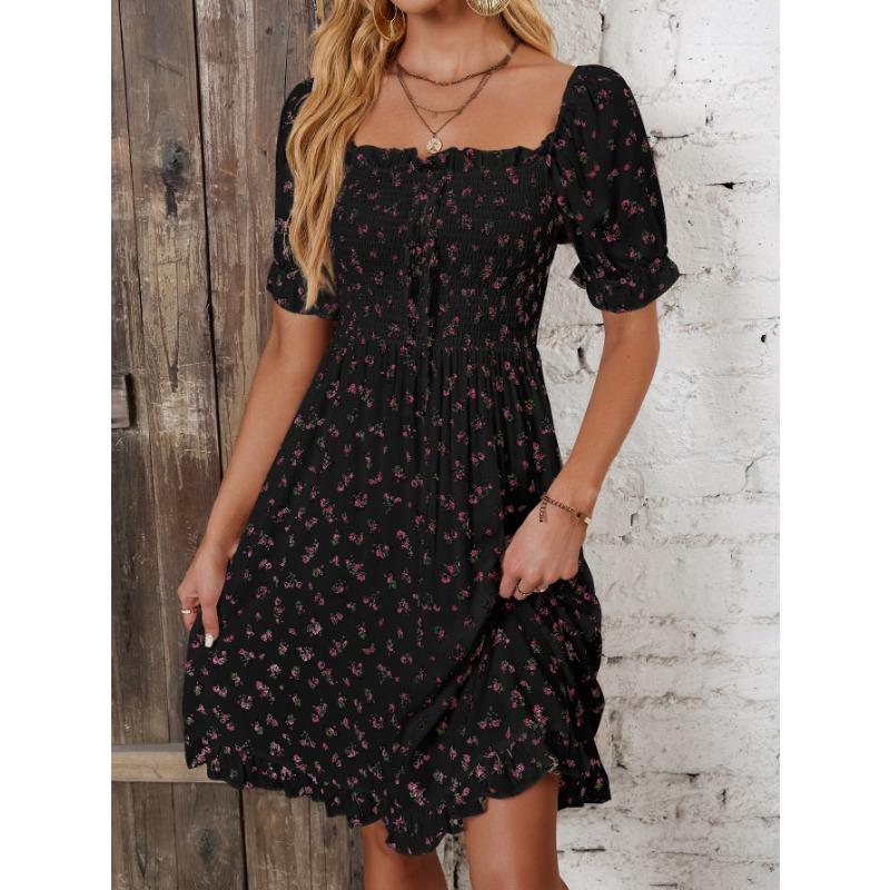 

YYFS Женская мода лето весна короткий рукав квадратный воротник высокая талия повседневные платья XL чёрный