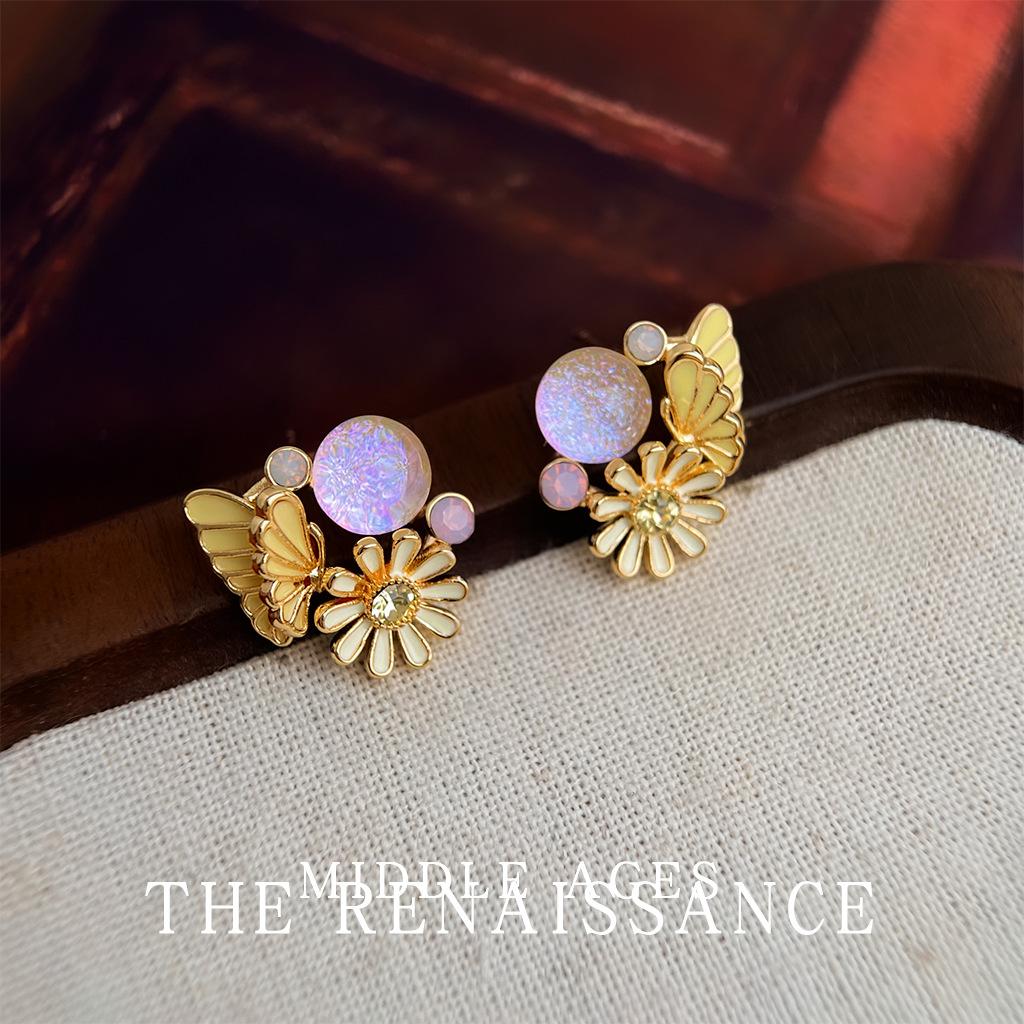 

Enamel oil drop butterfly flower earrings retro literary style stud earrings