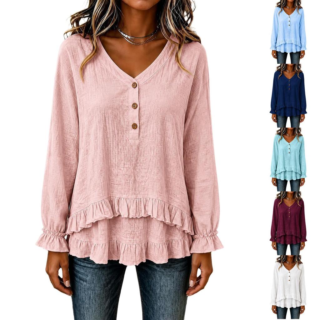 Damen Langarm Rüschen V-Ausschnitt Bluse mit Asymmetrischem