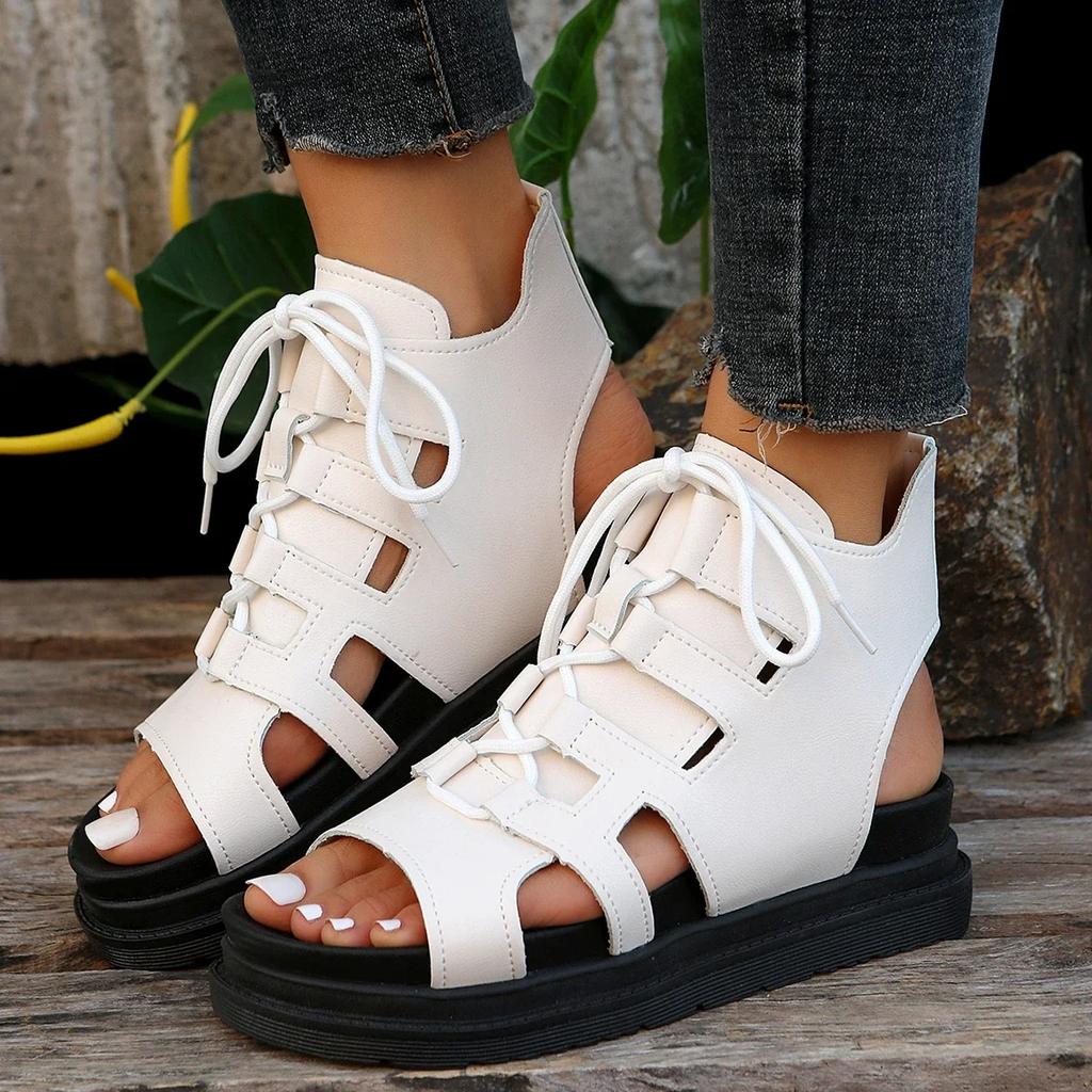 Mode Retro Dam Plattformssandaler Pu Läder Ihåliga Snörskor Kilklackar Gladiator Sko Peep Toe Slingback Tjock Sula Cool Stövel Sandaler
