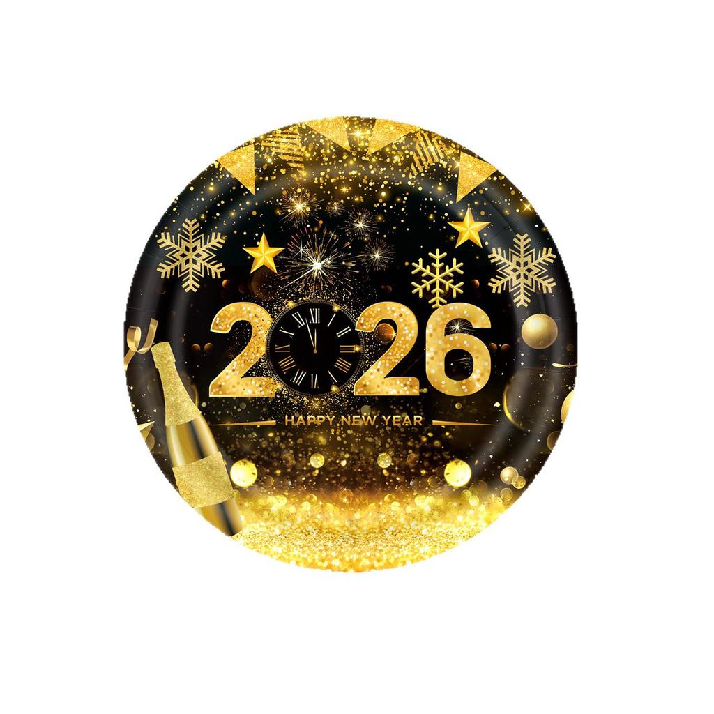 New Year 2026 Black and Gold Party Set: Paper Plates, Napkins, Pull Flag, Tablecloth