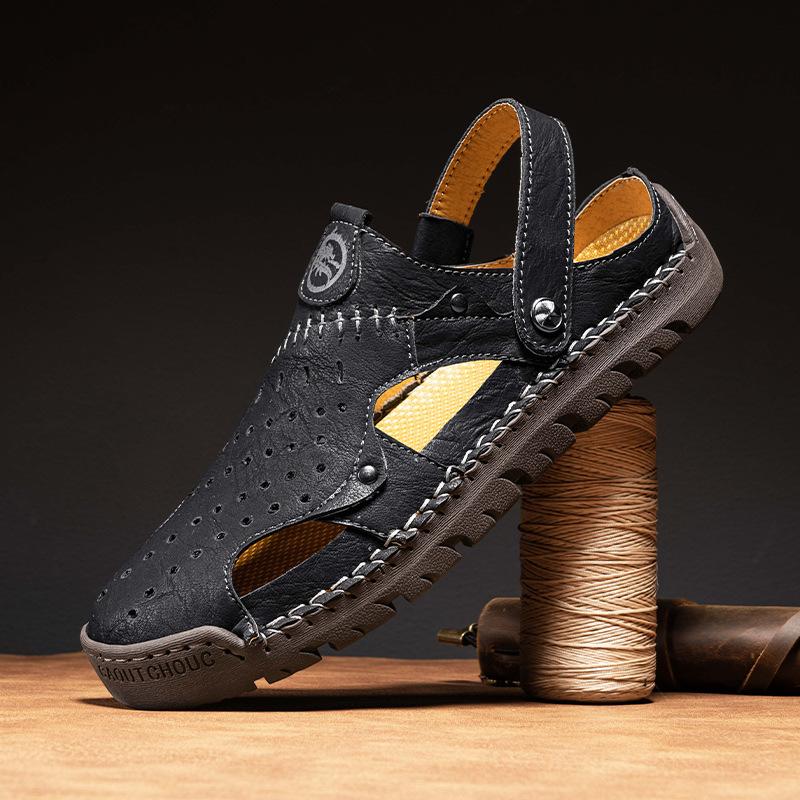 

Amazon summer popular large size handmade cowhide casual shoes breathable non-slip quick-drying outdoor beach sandals men s shoes 38 чёрный