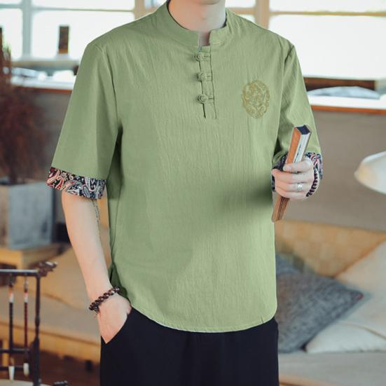 Pánské tričko s stojáčkem, čínský vintage styl, jednobarevný tištěný vyšívaný volný poloviční rukáv, měkké, plus velikost