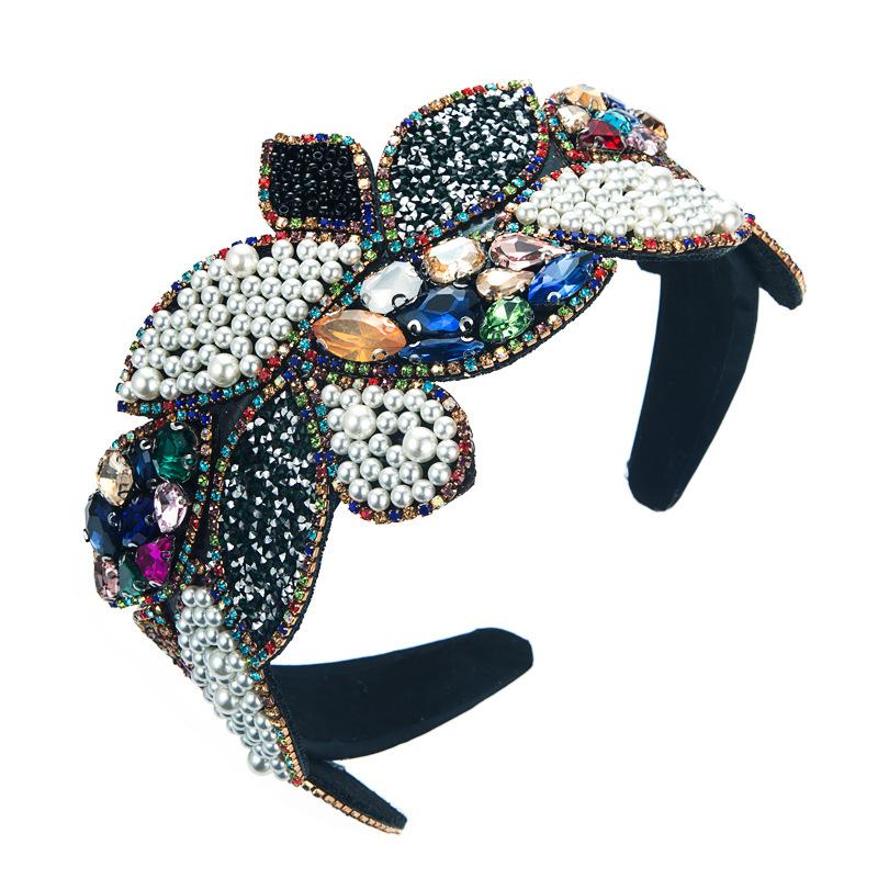 Women's Hair Band Retro Rhinestone Pearl Baroque Headwear Oversized Wide Brimmed Prom Hairhoop